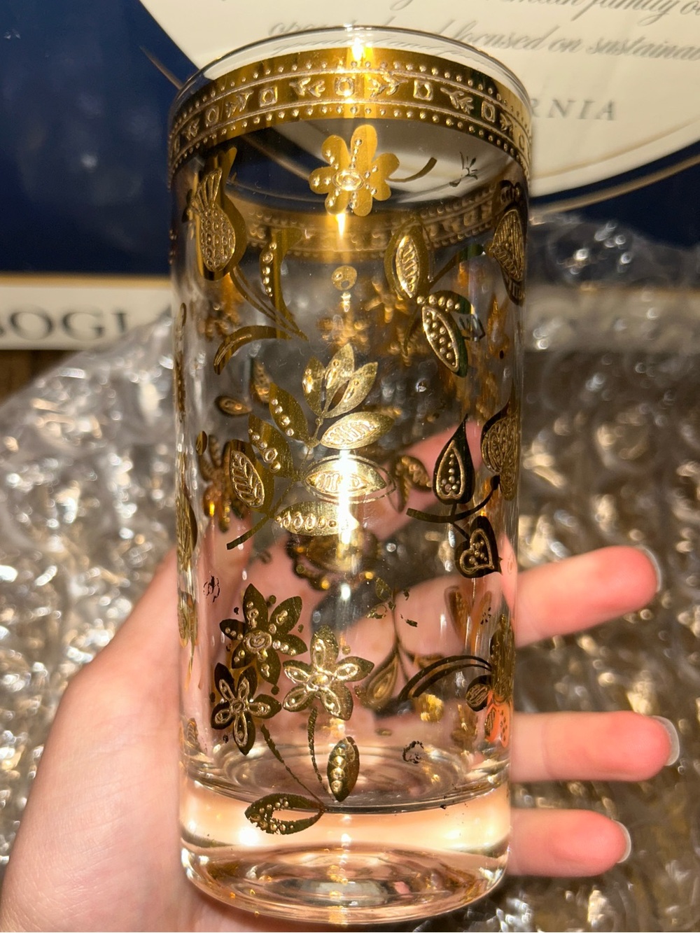 Vintage Glass highball tumbler in 'Chantilly' pattern by Culver 22k gold rare